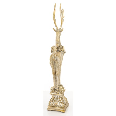 Figurka - złoty jeleń z wieńcem i kokardą 52,5x16x9 cm stojący na postumencie