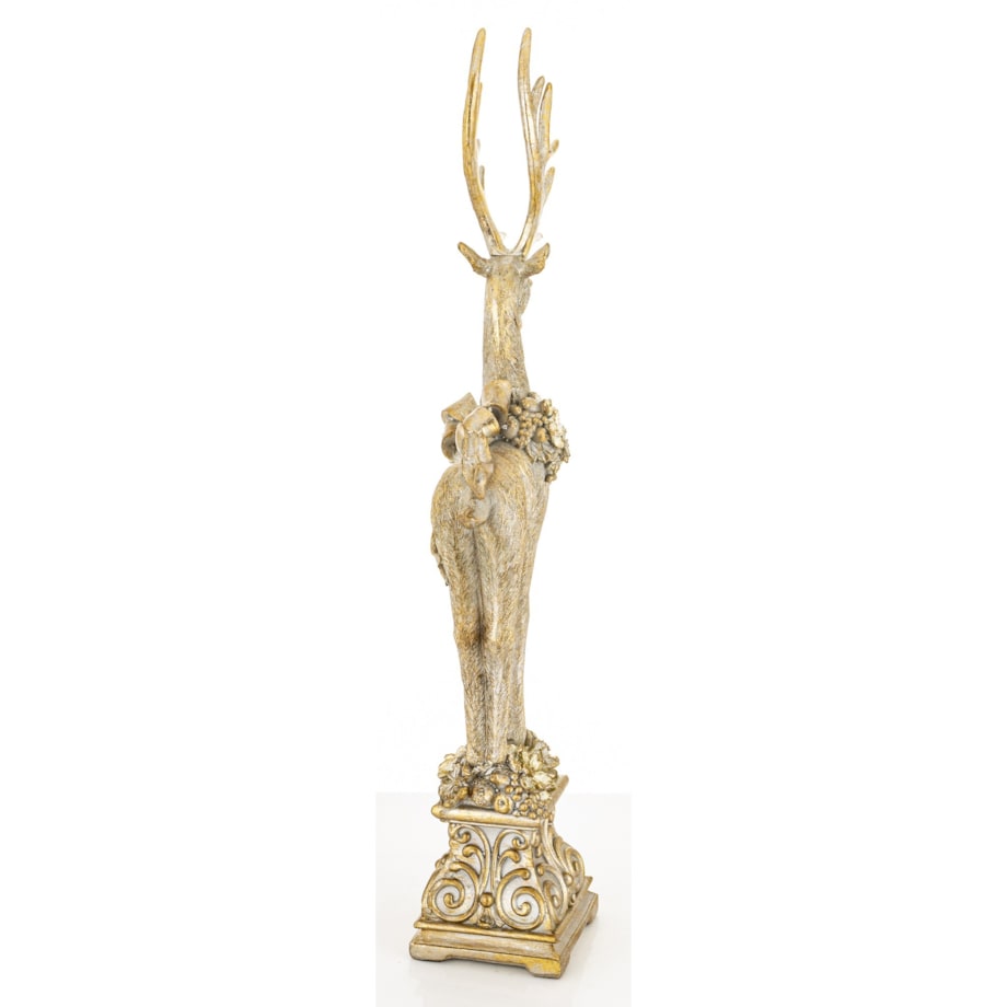 Figurka - złoty jeleń z wieńcem i kokardą 52,5x16x9 cm stojący na postumencie