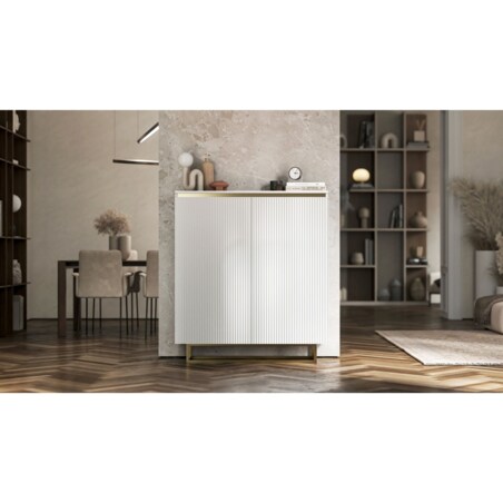 Komoda Glamour Szafka RTV Biały MAT ryflowane fronty złote akcenty 110,8 cm