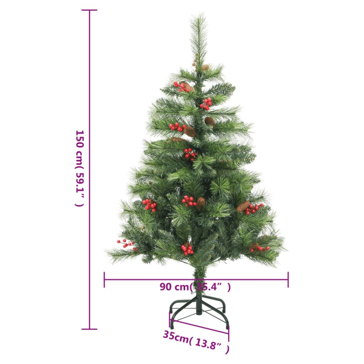 vidaXL Sztuczna choinka na zawiasach, z szyszkami i jagodami, 150 cm