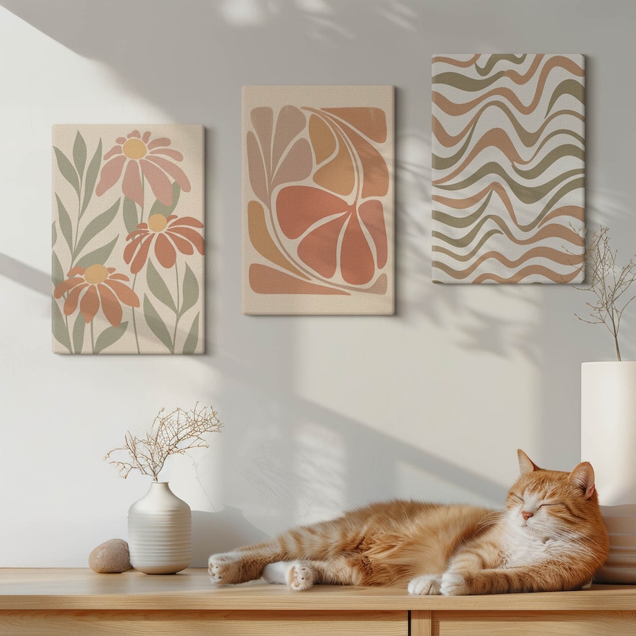 Zestaw 3 małych obrazów na płótnie - Kwiaty pastelowe abstrakcje boho - pomarańczowy