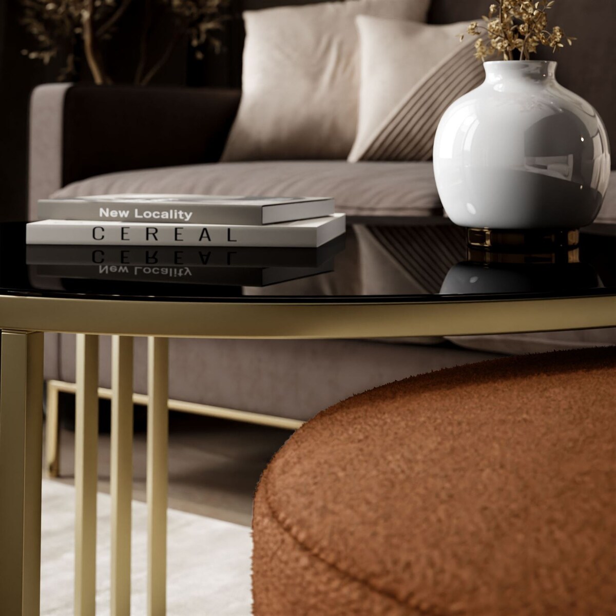 Stolik kawowy z pufą LORI GLASS złoto szczotkowane, czarne szkło / Perfect Harmony 52