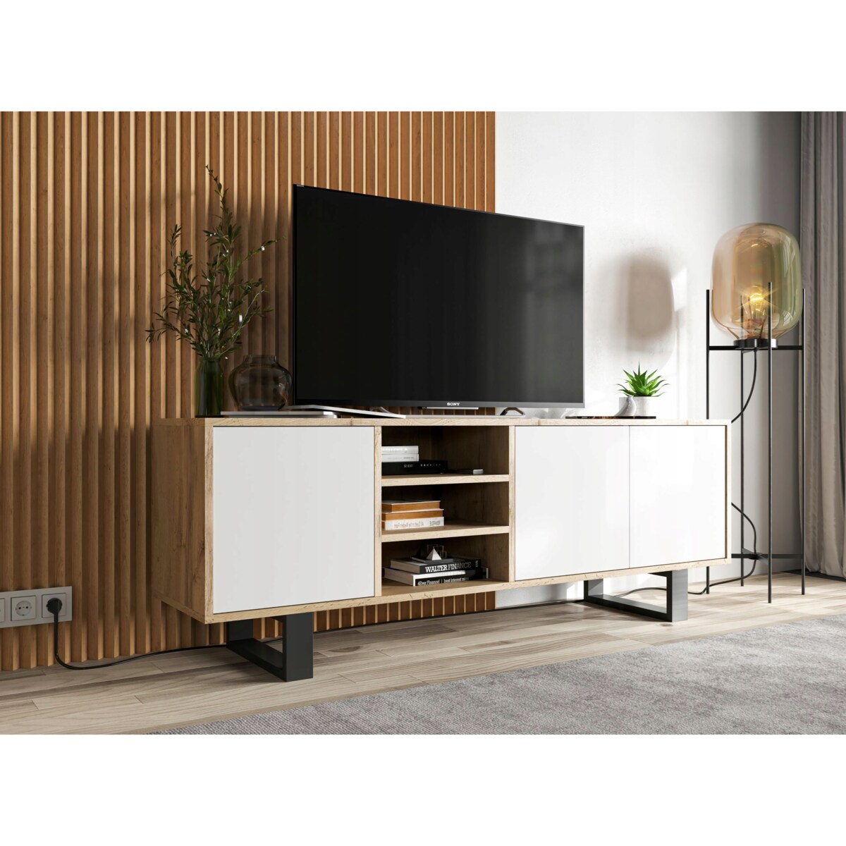 Szafka RTV Loft Komoda Industrialna Biały MAT Dąb Wotan 150 cm