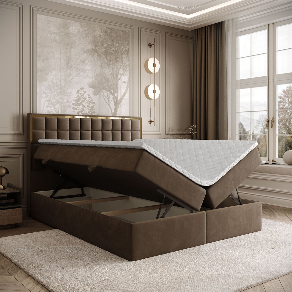 Łóżko kontynentalne ISADORA GOLD, pojemnik na pościel, 180x200, RV 196, topper