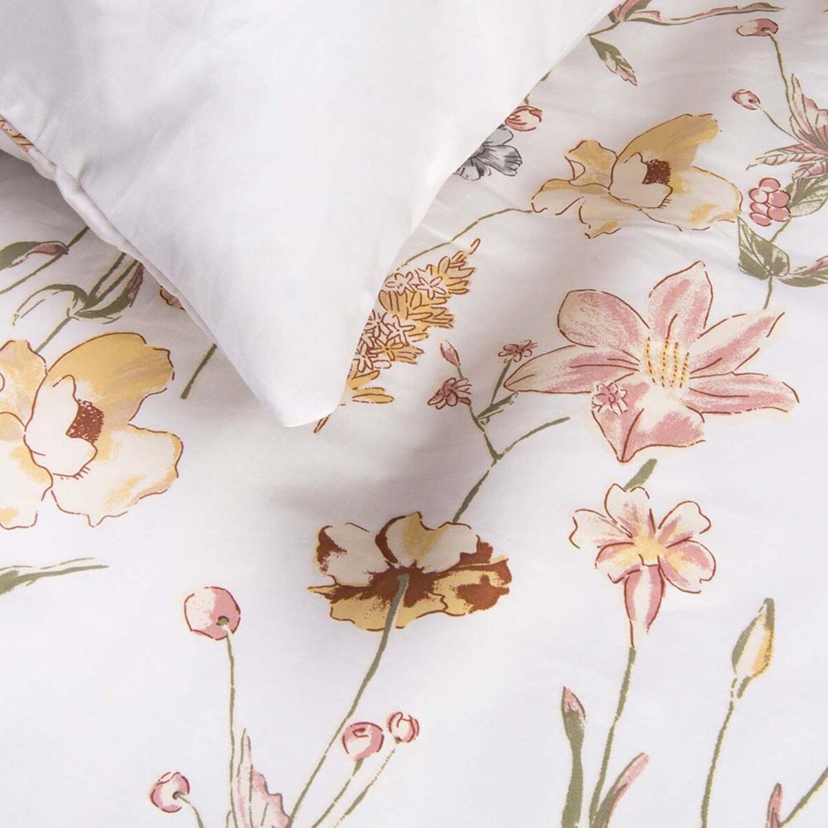 Pościel satyna bawełniana 180x200 Floralis delikatne kremowe kwiaty na biały tle, Satynlove