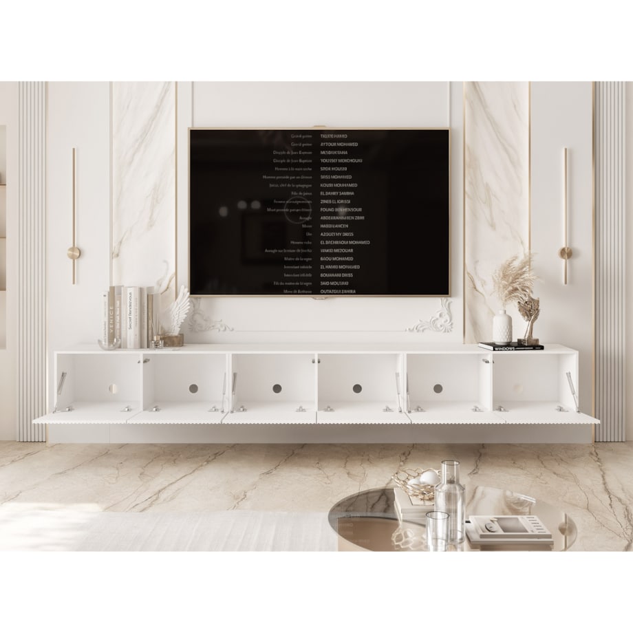 Szafka RTV wisząca BIAŁA ANGEL ryflowana 300 cm z oświetleniem LED