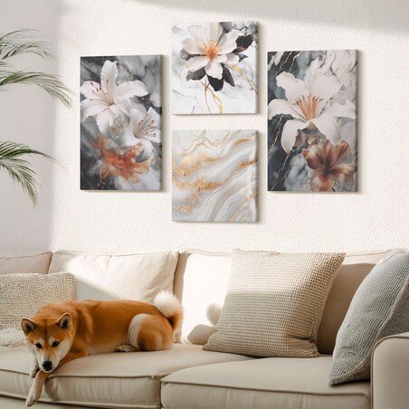 Zestaw 4 obrazów na płótnie - Kwiaty marmur biel czerń - szary