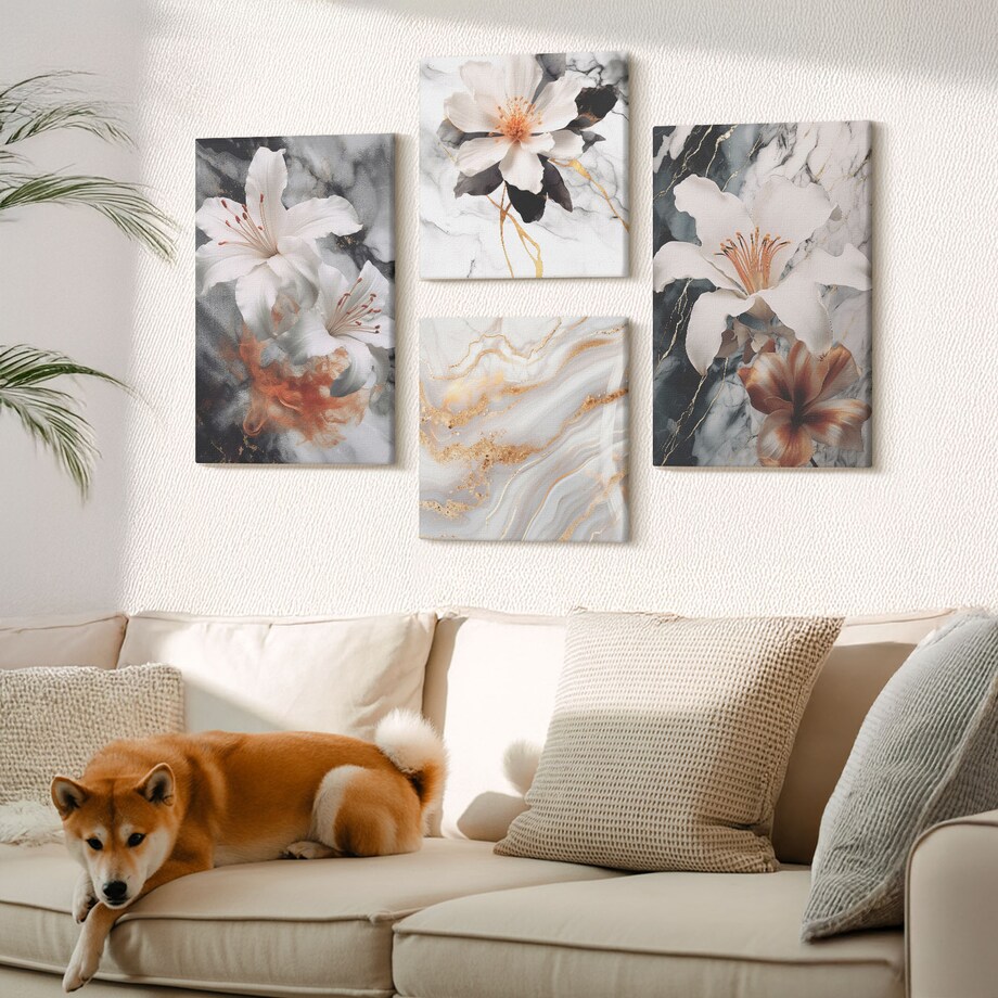 Zestaw 4 obrazów na płótnie - Kwiaty marmur biel czerń - szary