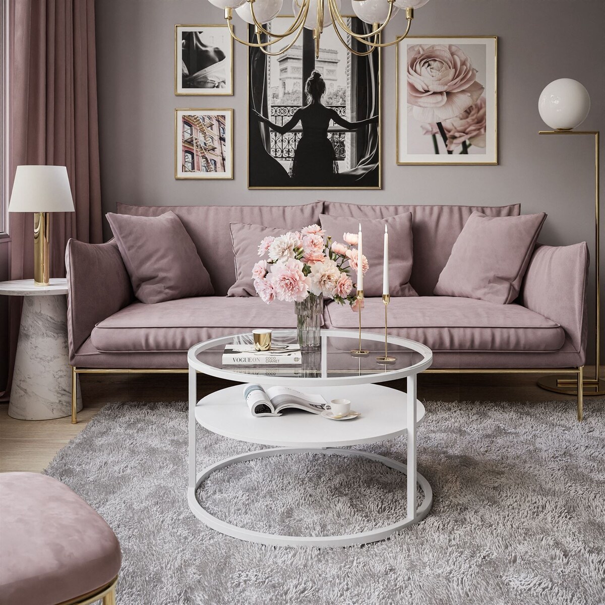 Stolik kawowy CIRI z półką biały przeźroczyste szkło