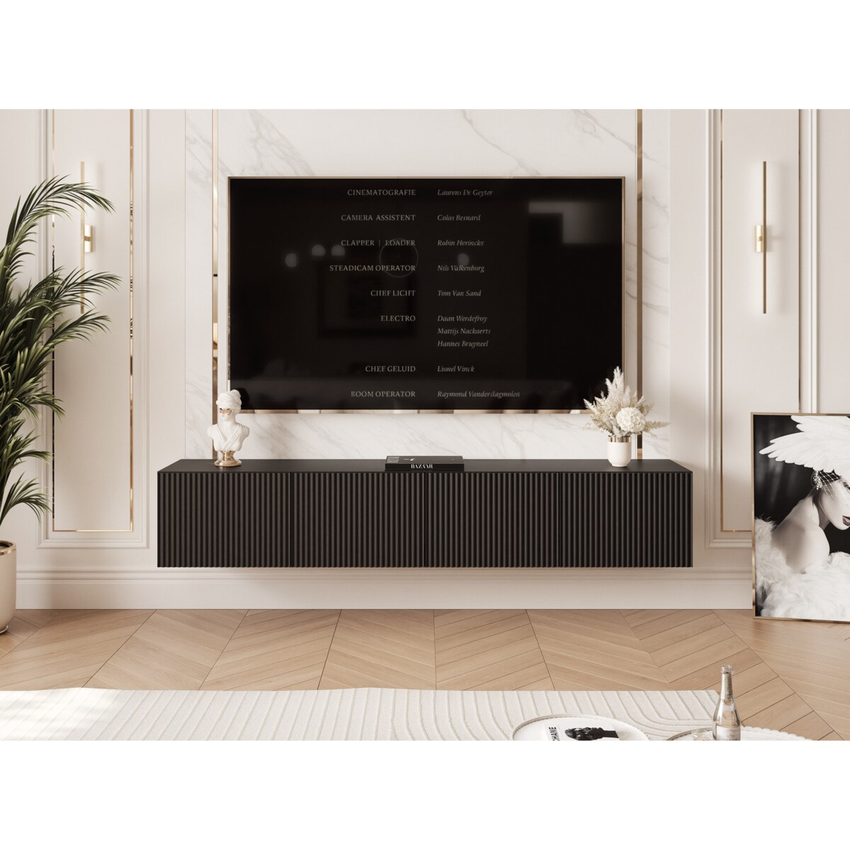 Szafka RTV wisząca CZARNA ANGEL ryflowana 200 cm z oświetleniem LED