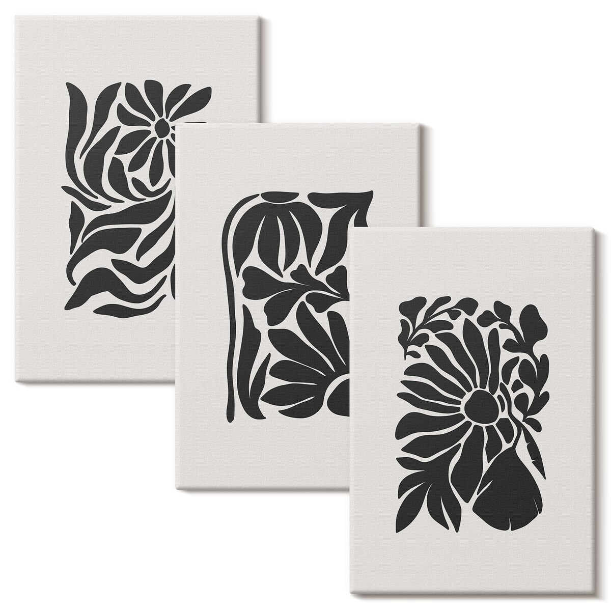 Zestaw 3 małych obrazów na płótnie - Abstrakcyjne roślinne wzory boho - czarno-biały