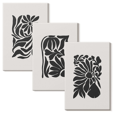 Zestaw 3 małych obrazów na płótnie - Abstrakcyjne roślinne wzory boho - czarno-biały