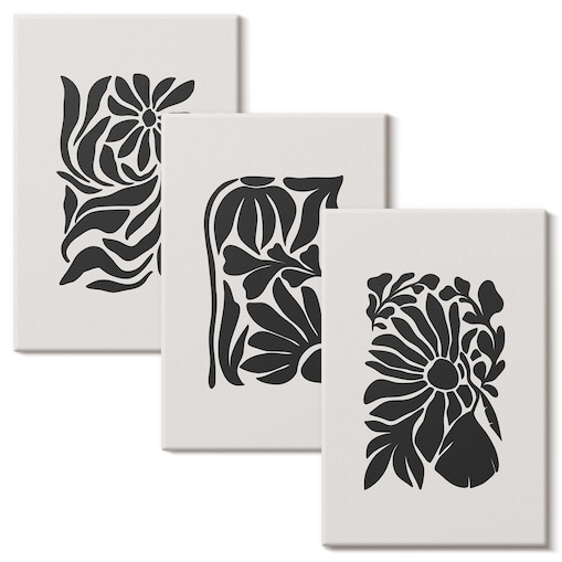Zestaw 3 małych obrazów na płótnie - Abstrakcyjne roślinne wzory boho - czarno-biały