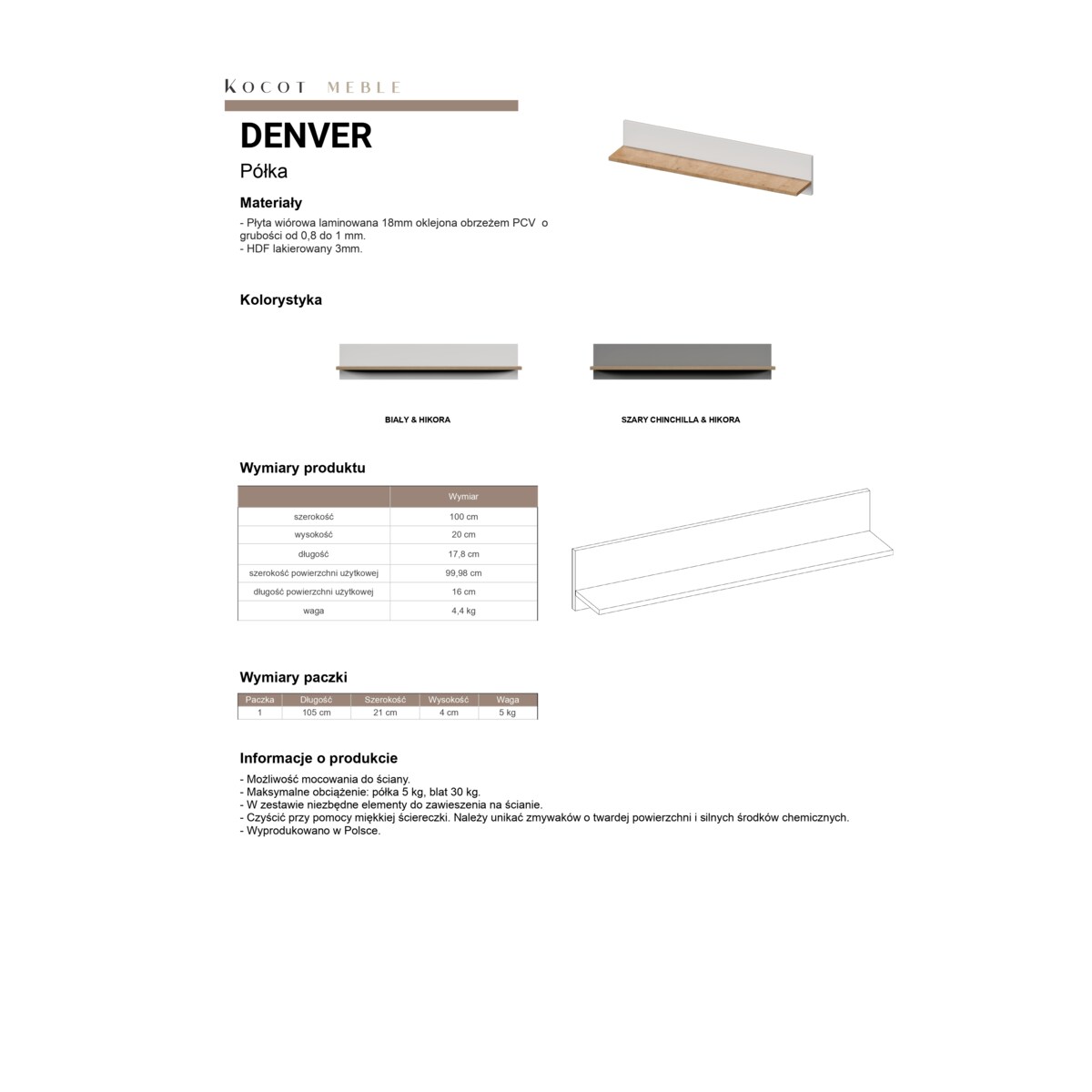 Półka ścienna Denver szary chinchilla & hikora