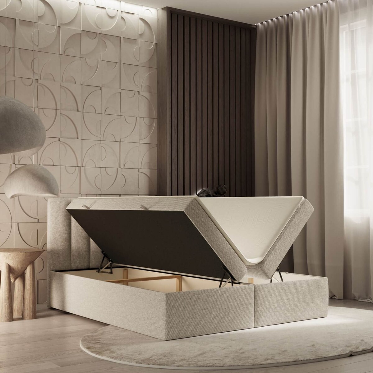 Łóżko tapicerowane AMARO 160x200 z pojemnikiem, Jasny Beż, tkanina Megan 353