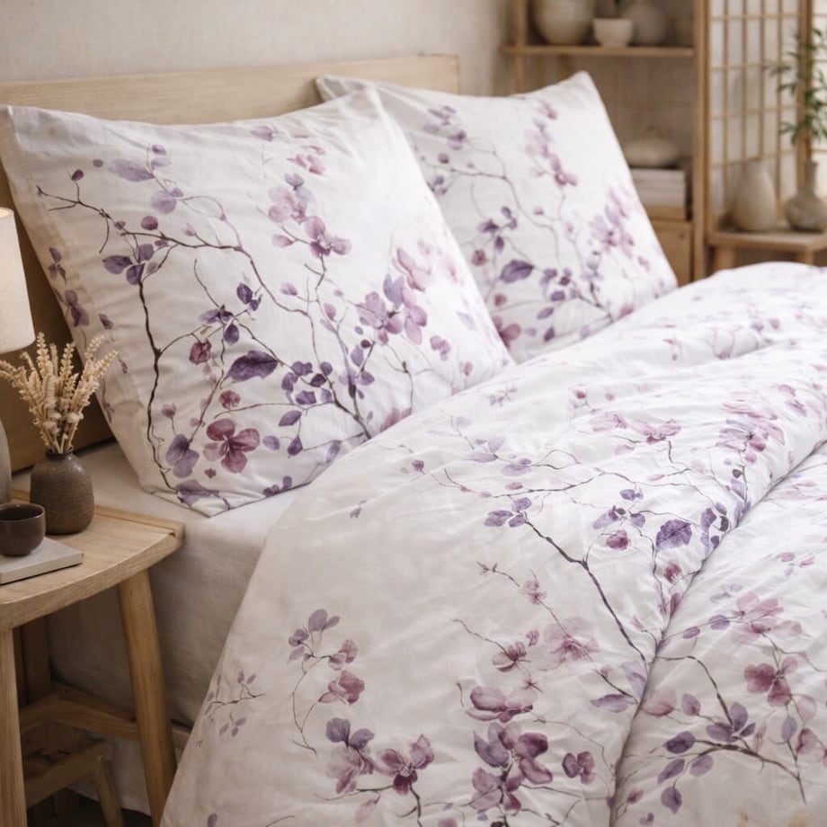 Pościel bawełniana Sakura 200x220 cm fioletowa biała