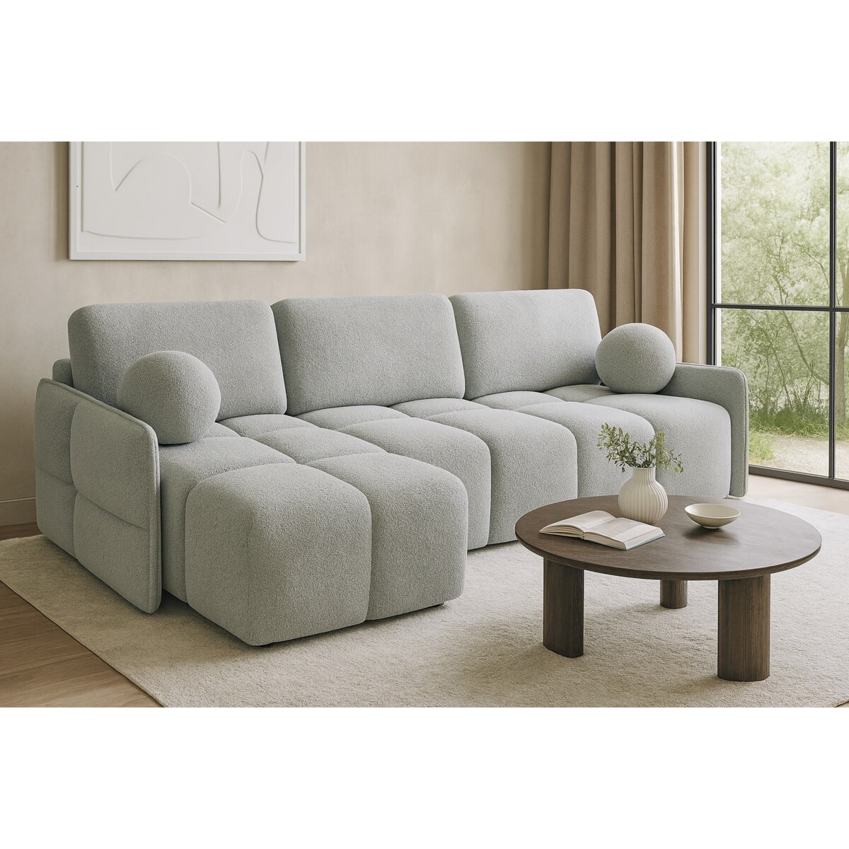 Narożnik MONO z funkcją spania i ozdobnymi poduszkami lewy, jasno-szary